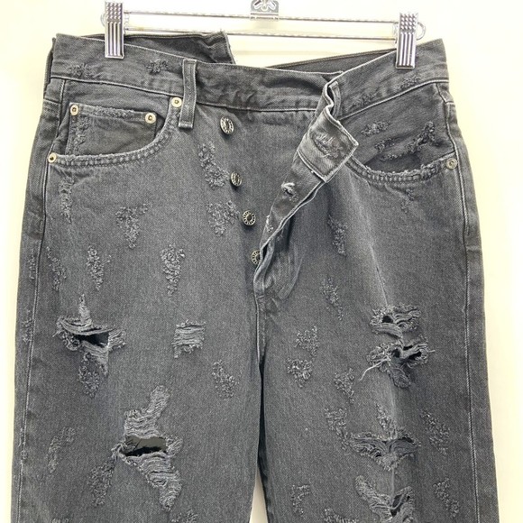 Agolde Womens 28 Criss Cross Jeans Straight Destroyed Black Raw Hem Rigid Button - Picture 8 of 12